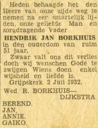 Overlijdensadvertentie/obituary Hendrik Jan Borkhuis