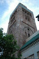 The prayer tower, at the entrance of the pavilion, is a detailed replica of the Katoubia Minaret that stands in Marrakesh.